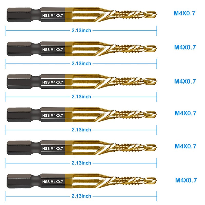 DKIBBITH 6-pc Metric M4 Combination Drill Tap Bit Set, M4*0.7 Thread Size, Titanium Coated High-Speed Steel, Ideal for Drilling and Threading in Soft Metal Wood and Plastic,1/4" Hex Shank - Image 2